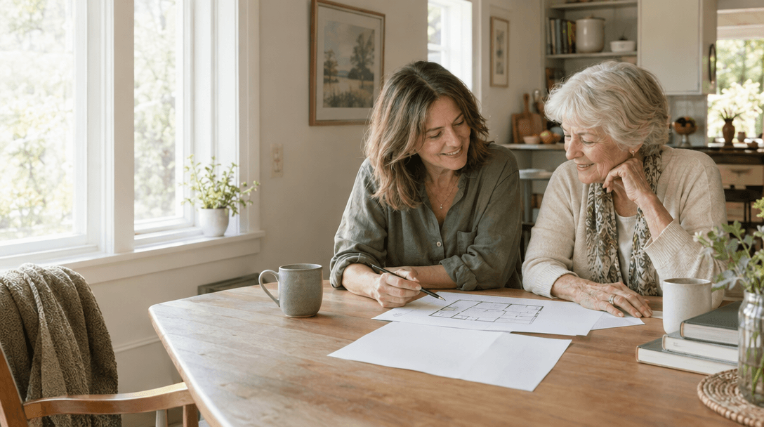 An adult daughter and her mother reviewing a floor plan together at a kitchen table